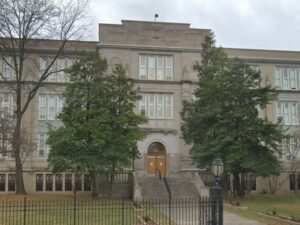 the front entrance of Bayside High School in Queens, New York